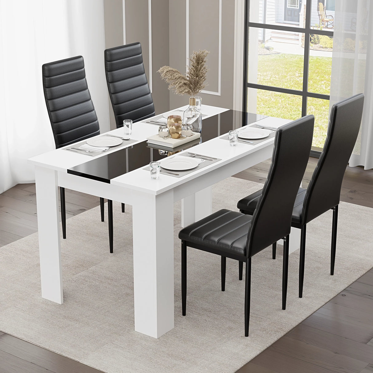 White & Black Gloss 4-6 Seater Dining Table and Chairs Set